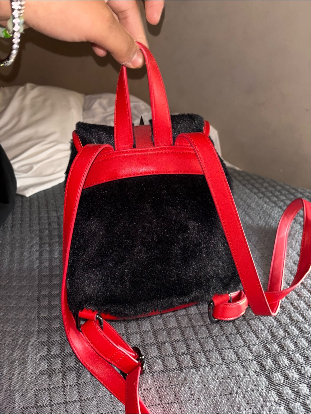 Dolls Kill current mood Faux Fur Backpack with Red Patent Trim and Spike Accents - Picture 7 of 7